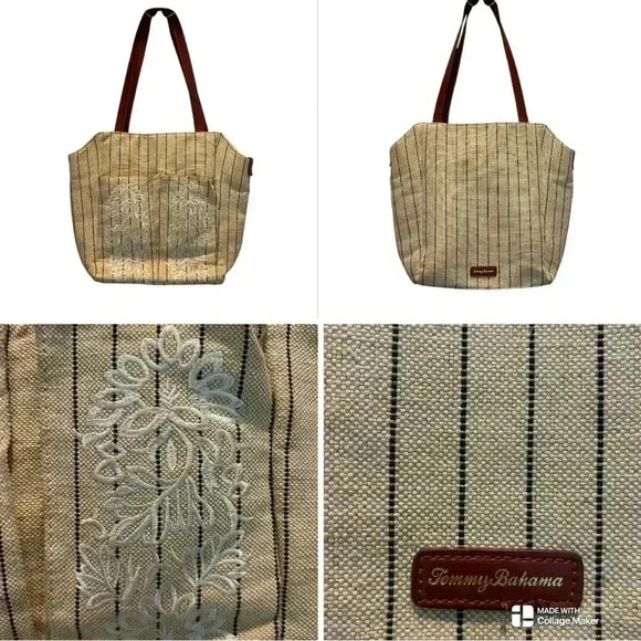 Tommy Bahama paradise flower linen and leather embroidered tote - Picture 1 of 8